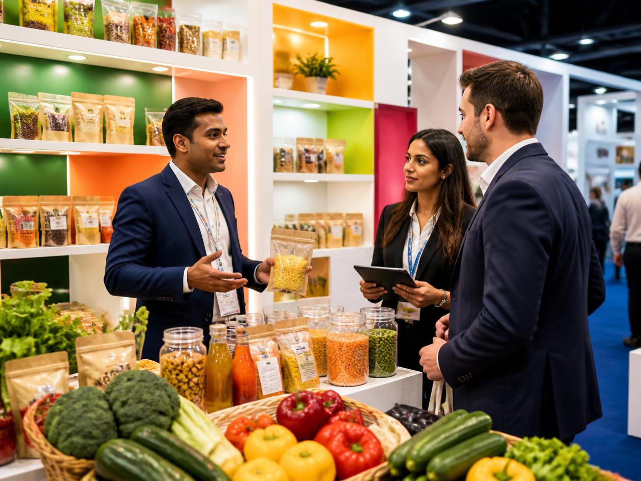 Estande de feira com produtos de varejo alimentar sendo apresentados a compradores
